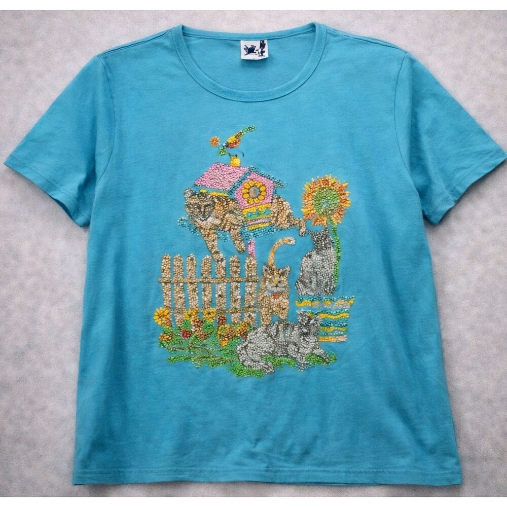 Vintage Cat Folk Art Garden Puff Print Blue Graphic T Shirt Women's 2XL